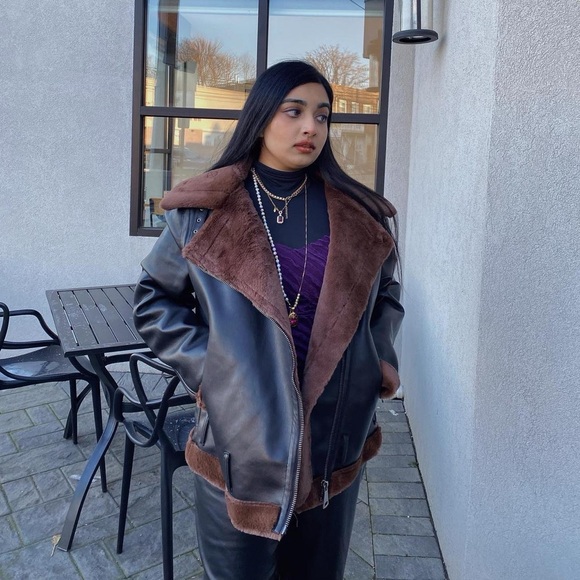 Black and brown faux leather jacket with a fur-lined hood - Picture 2 of 7